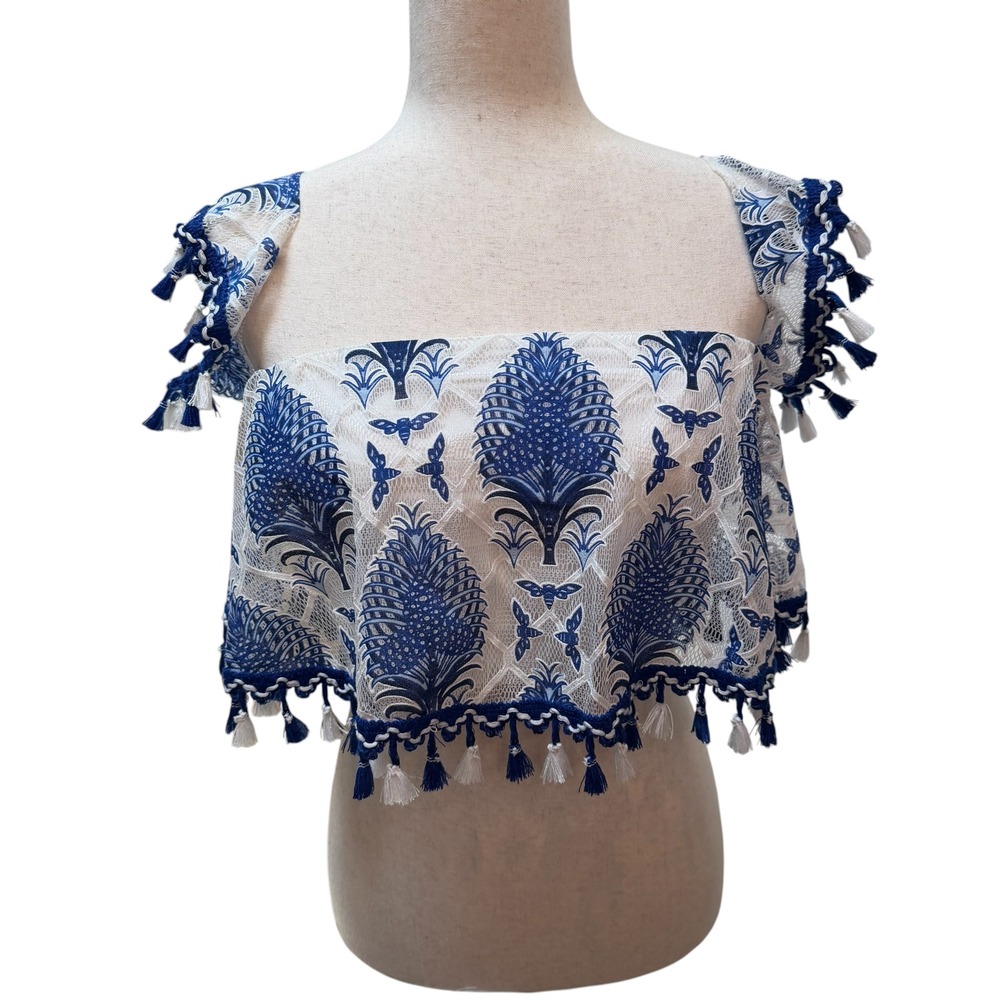 Aura Blue White Lace Bee Print Tassel Trim Crop Top Size L Boho‎ Festival